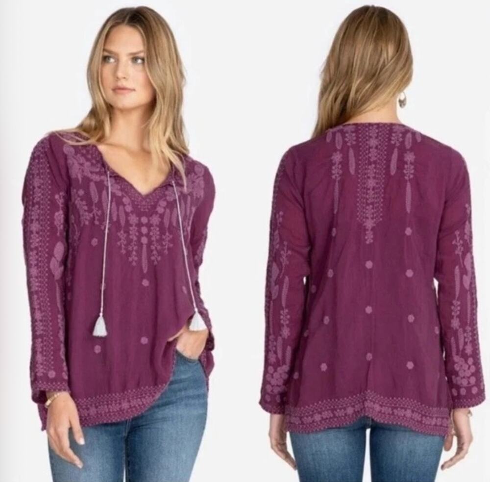 Johnny Was Santorini Tonal Blouse Boysenberry Embroidered Tunic Fuschia Top XS